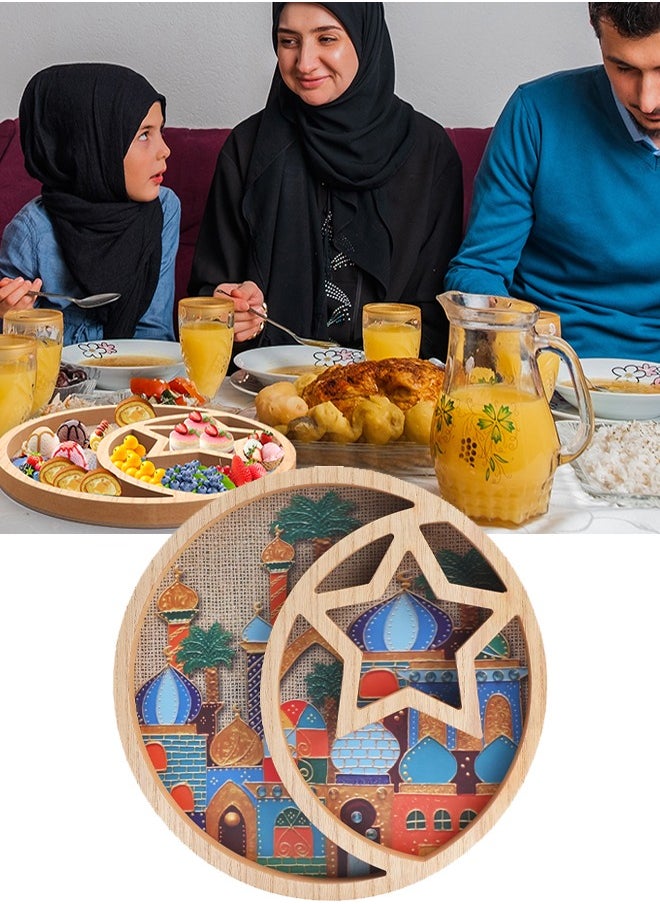 Ramadan Decorations for Home - 29.5cm Serving Tray Holder Eid Mubarak Religious Painting Cupcake Food Candy Plates Wooden Decorations for Family Party Gift