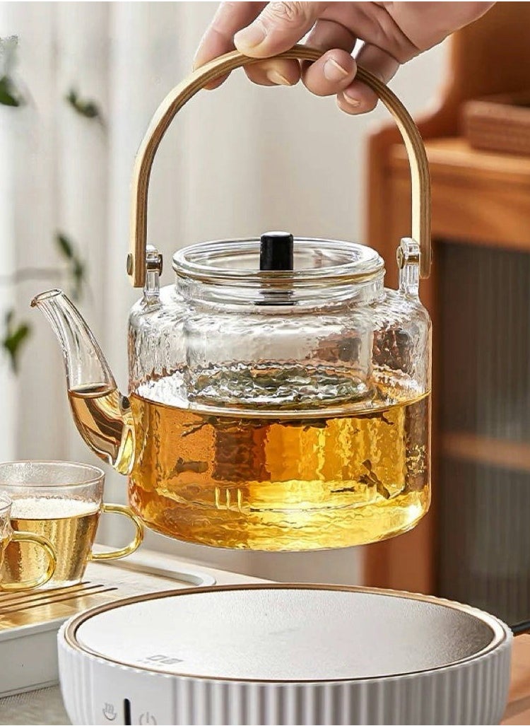 Glass Teapot Clear Tea Pot Stovetop and Microwave Safe Heat Resistant Tea Maker with Wooden Handle and Removable Strainer for Home Office