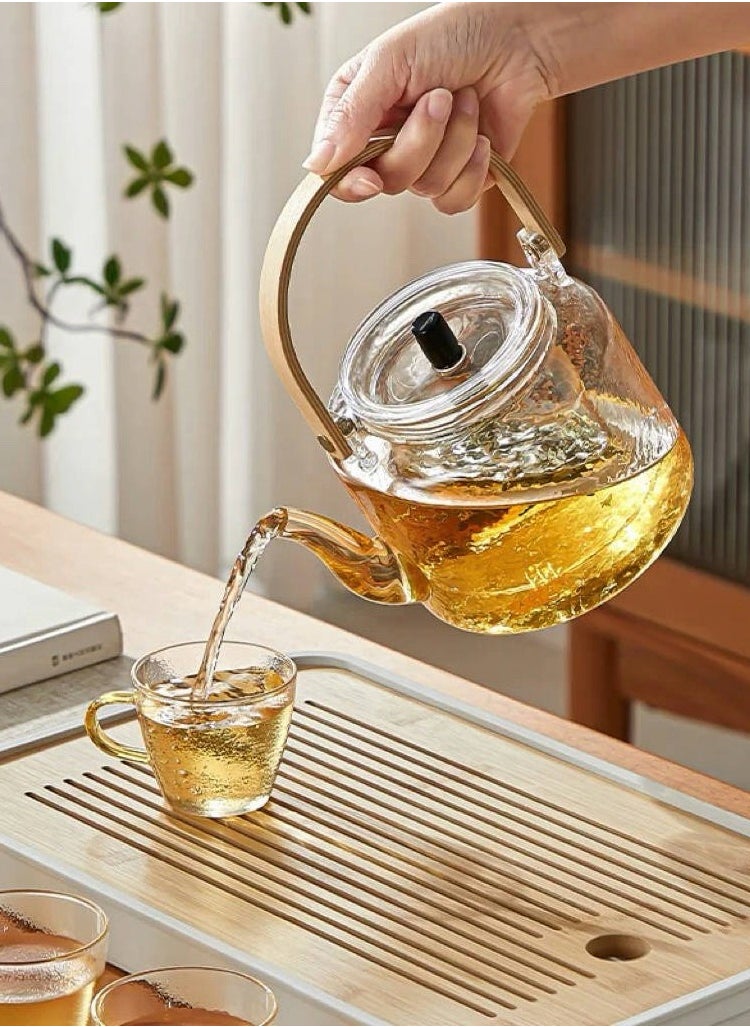 Glass Teapot Clear Tea Pot Stovetop and Microwave Safe Heat Resistant Tea Maker with Wooden Handle and Removable Strainer for Home Office