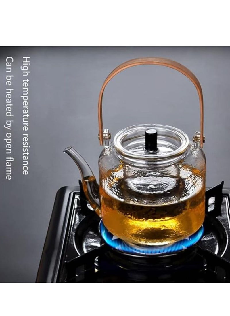 Glass Teapot Clear Tea Pot Stovetop and Microwave Safe Heat Resistant Tea Maker with Wooden Handle and Removable Strainer for Home Office