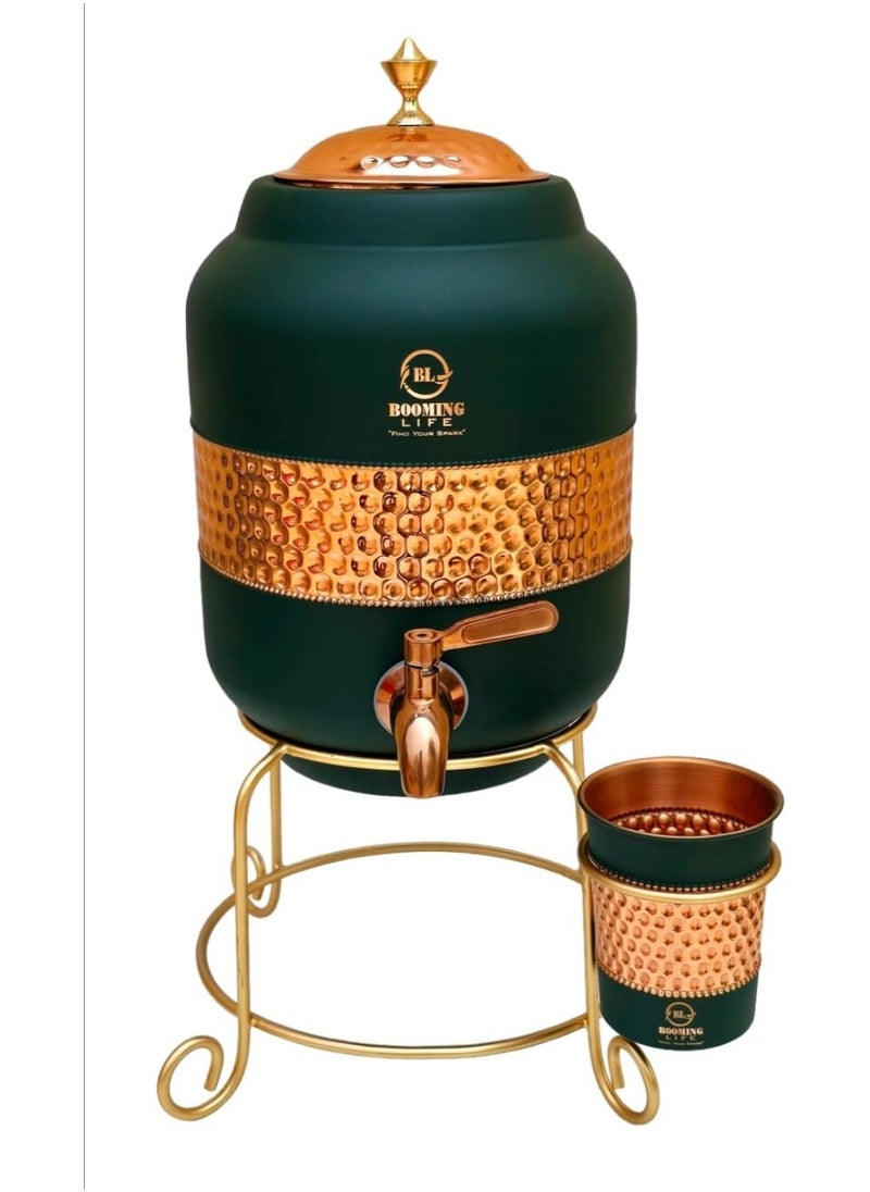 5 Litre Pure Copper Hammered Water Dispenser (Matka) Container Pot with 1Pure Copper Glasses Pure Copper and Ayurvedic Health Benefits (5000 ml + 600 ml)