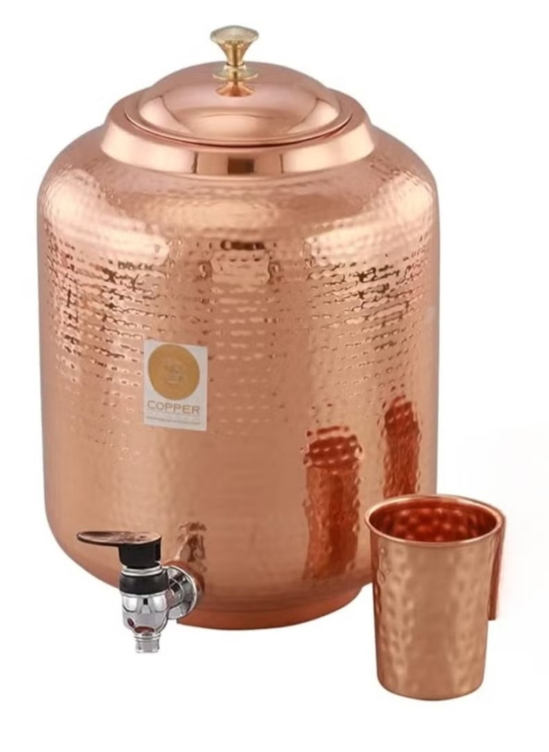 5 Litre Pure Copper Hammered Water Dispenser (Matka) Container Pot with 1Pure Copper Glasses Pure Copper and Ayurvedic Health Benefits (5000 ml + 600 ml)