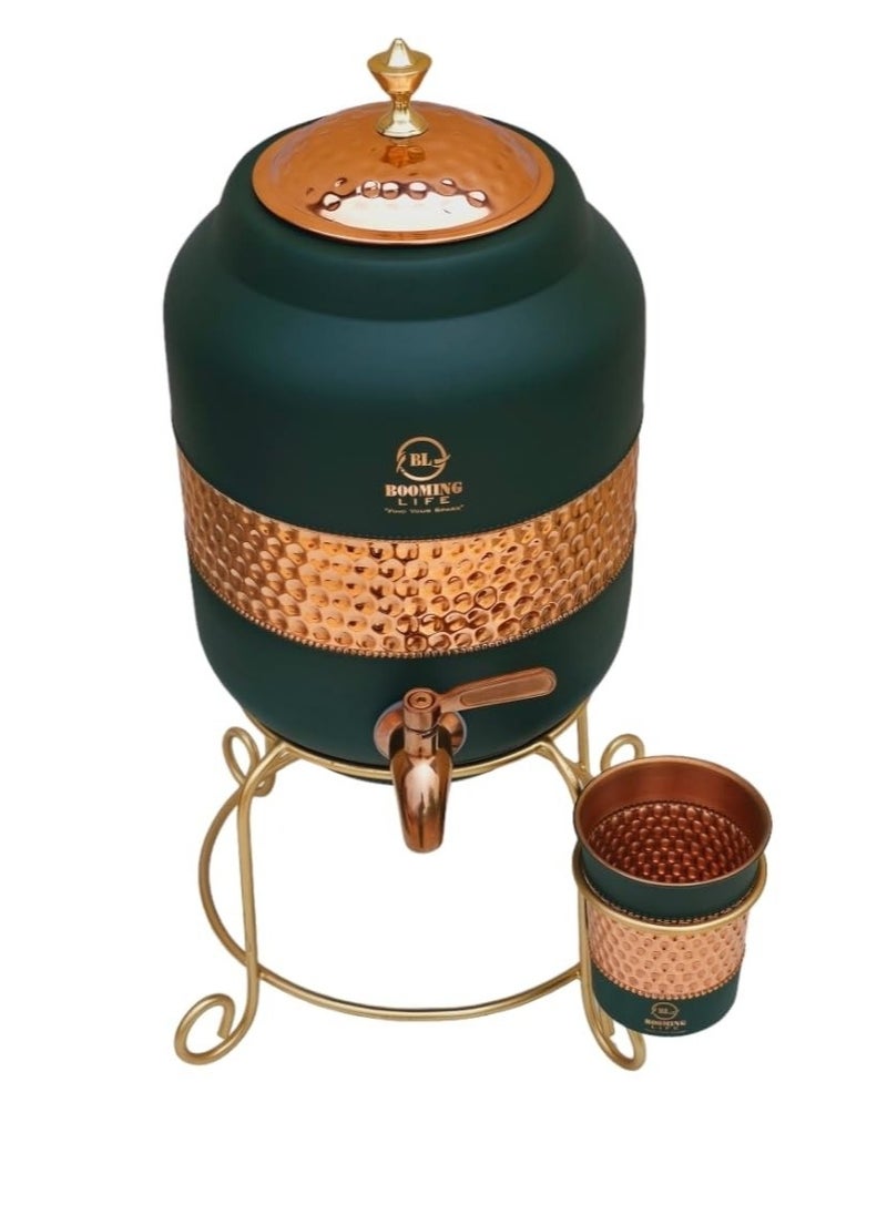 5 Litre Pure Copper Hammered Water Dispenser (Matka) Container Pot with 1Pure Copper Glasses Pure Copper and Ayurvedic Health Benefits (5000 ml + 600 ml)