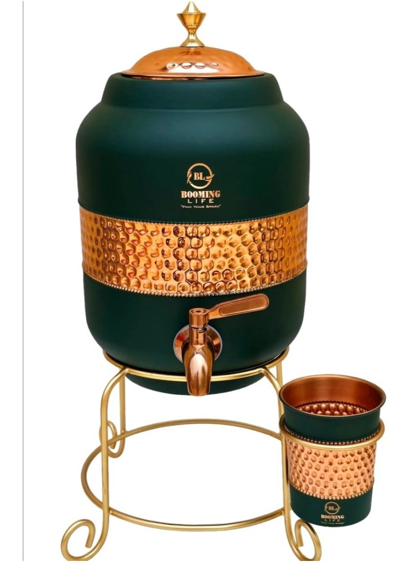 5 Litre Pure Copper Hammered Water Dispenser (Matka) Container Pot with 1Pure Copper Glasses Pure Copper and Ayurvedic Health Benefits (5000 ml + 600 ml)