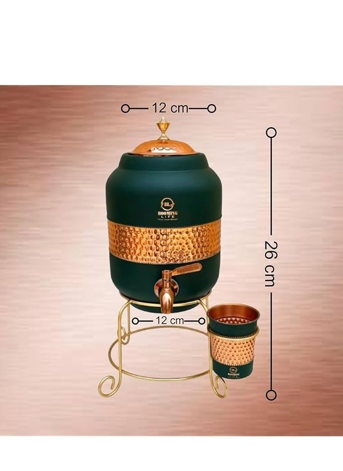 5 Litre Pure Copper Hammered Water Dispenser (Matka) Container Pot with 1Pure Copper Glasses Pure Copper and Ayurvedic Health Benefits (5000 ml + 600 ml)