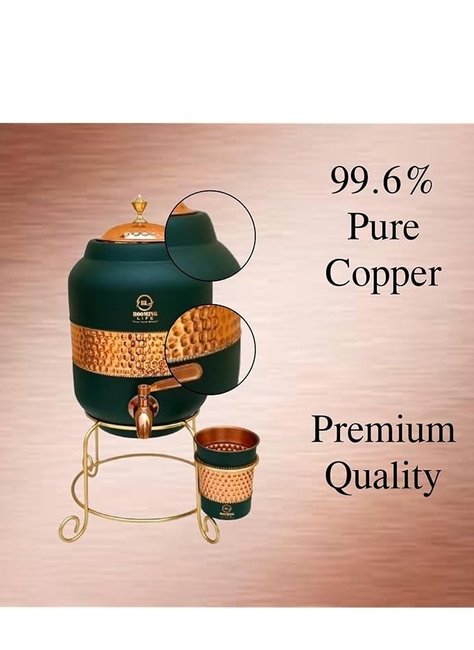 5 Litre Pure Copper Hammered Water Dispenser (Matka) Container Pot with 1Pure Copper Glasses Pure Copper and Ayurvedic Health Benefits (5000 ml + 600 ml)