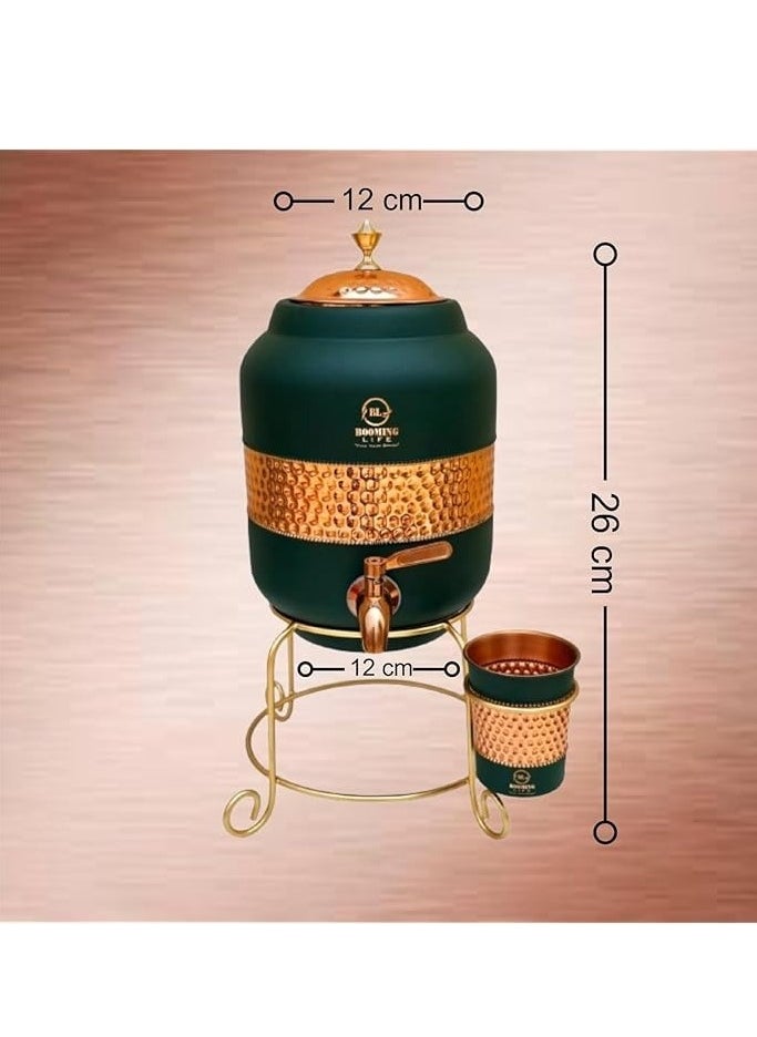 5 Litre Pure Copper Hammered Water Dispenser (Matka) Container Pot with 1Pure Copper Glasses Pure Copper and Ayurvedic Health Benefits (5000 ml + 600 ml)