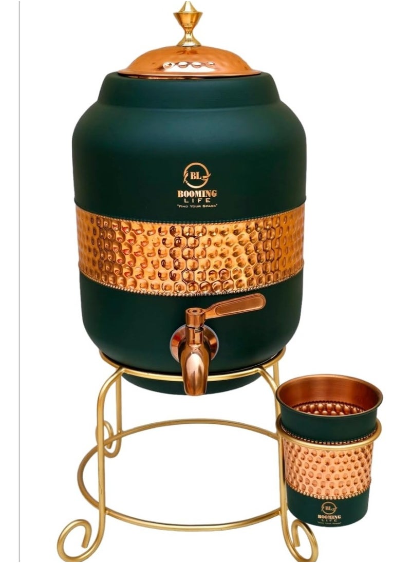 5 Litre Pure Copper Hammered Water Dispenser (Matka) Container Pot with 1Pure Copper Glasses Pure Copper and Ayurvedic Health Benefits (5000 ml + 600 ml)