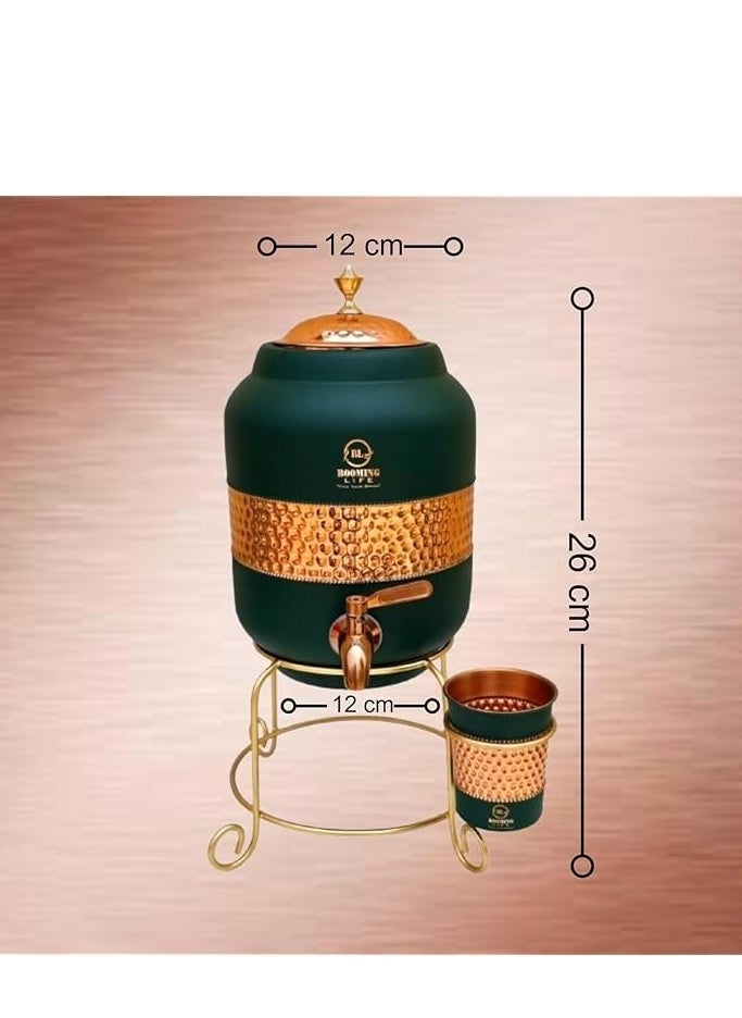 5 Litre Pure Copper Hammered Water Dispenser (Matka) Container Pot with 1Pure Copper Glasses Pure Copper and Ayurvedic Health Benefits (5000 ml + 600 ml)