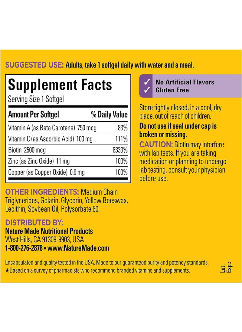 Hair Skin And Nails With Biotin 2500 Mcg Dietary Supplement For Healthy Hair Skin And Nails Support 120 Softgels 120 Day Supply