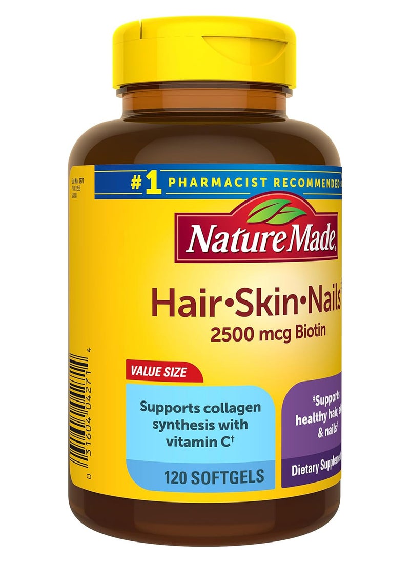 Hair Skin And Nails With Biotin 2500 Mcg Dietary Supplement For Healthy Hair Skin And Nails Support 120 Softgels 120 Day Supply