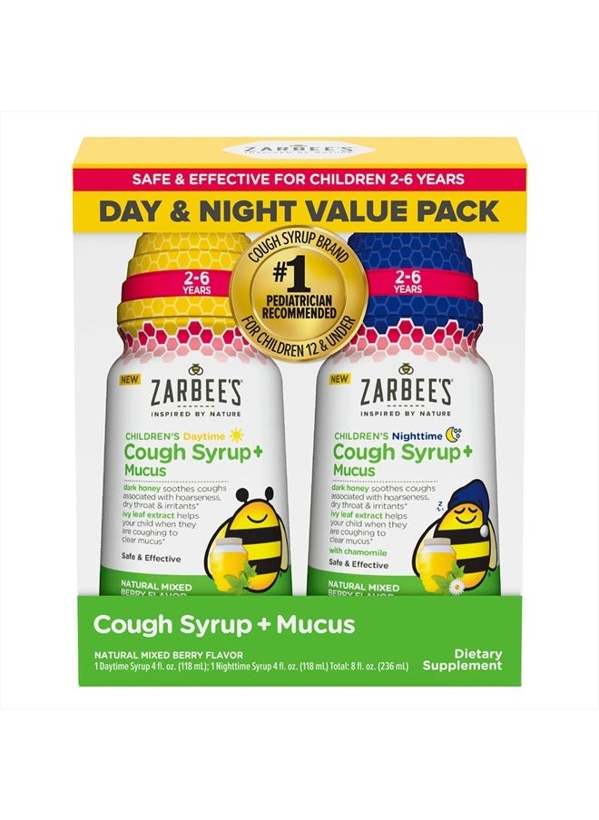 Kids Cough + Mucus Day/Night Value Pack for Children 2-6 with Dark Honey, Ivy Leaf, Zinc & Elderberry, 1 Pediatrician Recommended, Mixed Berry Flavor, 2x4FL Oz