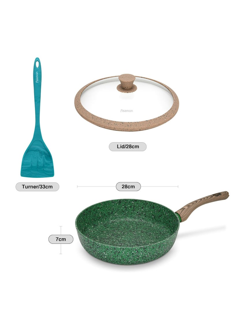 Deep Frying Pan Malachite 28x7cm With Induction Bottom Aluminum With Non-Stick Coating with Silicone Spatula And Silicone Glass Lid