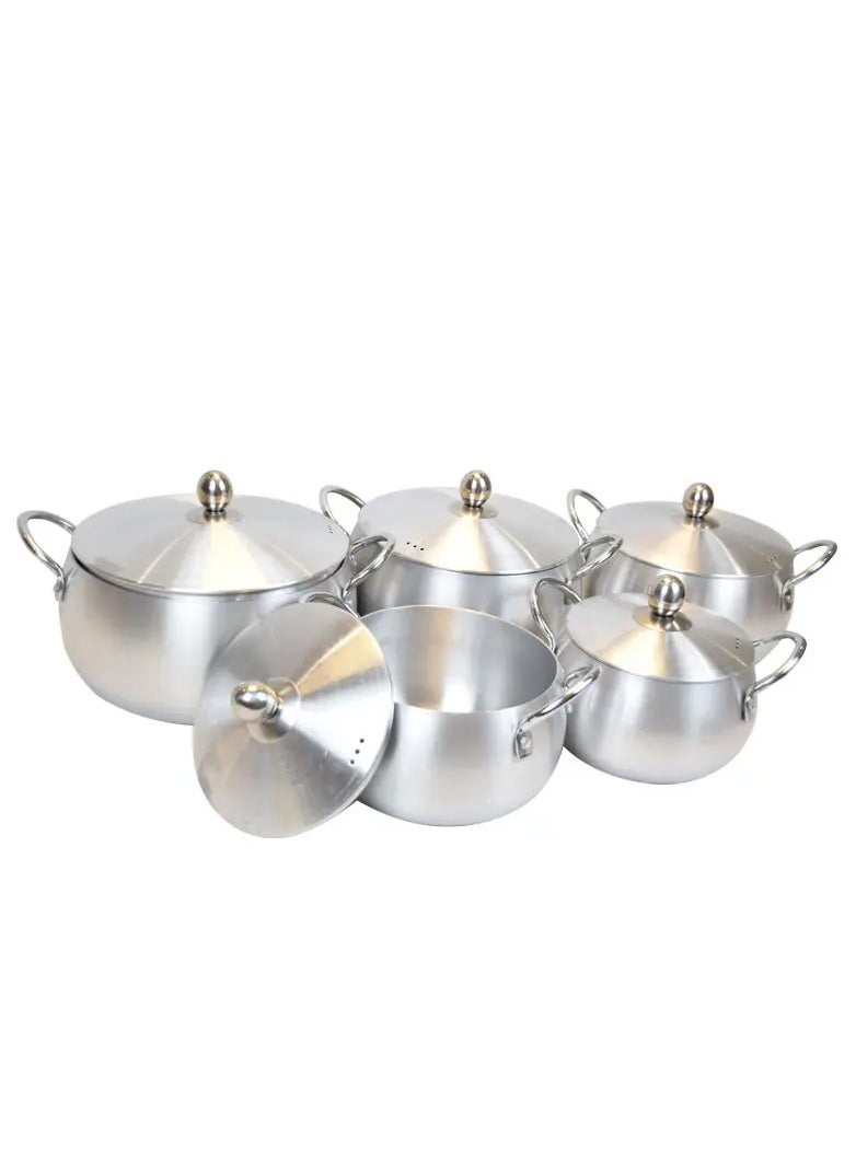 10 Pieces Belly Shape Cooking Pot Cookware Set With Two Handles Silver