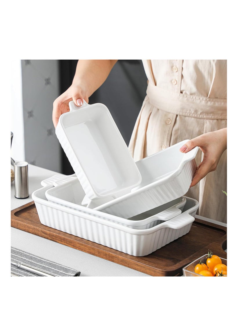 MALACASA Casserole Dishes for Oven, Porcelain Baking Dishes, Ceramic Bakeware Sets of 4, Rectangular Lasagna Pans Deep with Handles for Baking Cake Kitchen, White (9.4