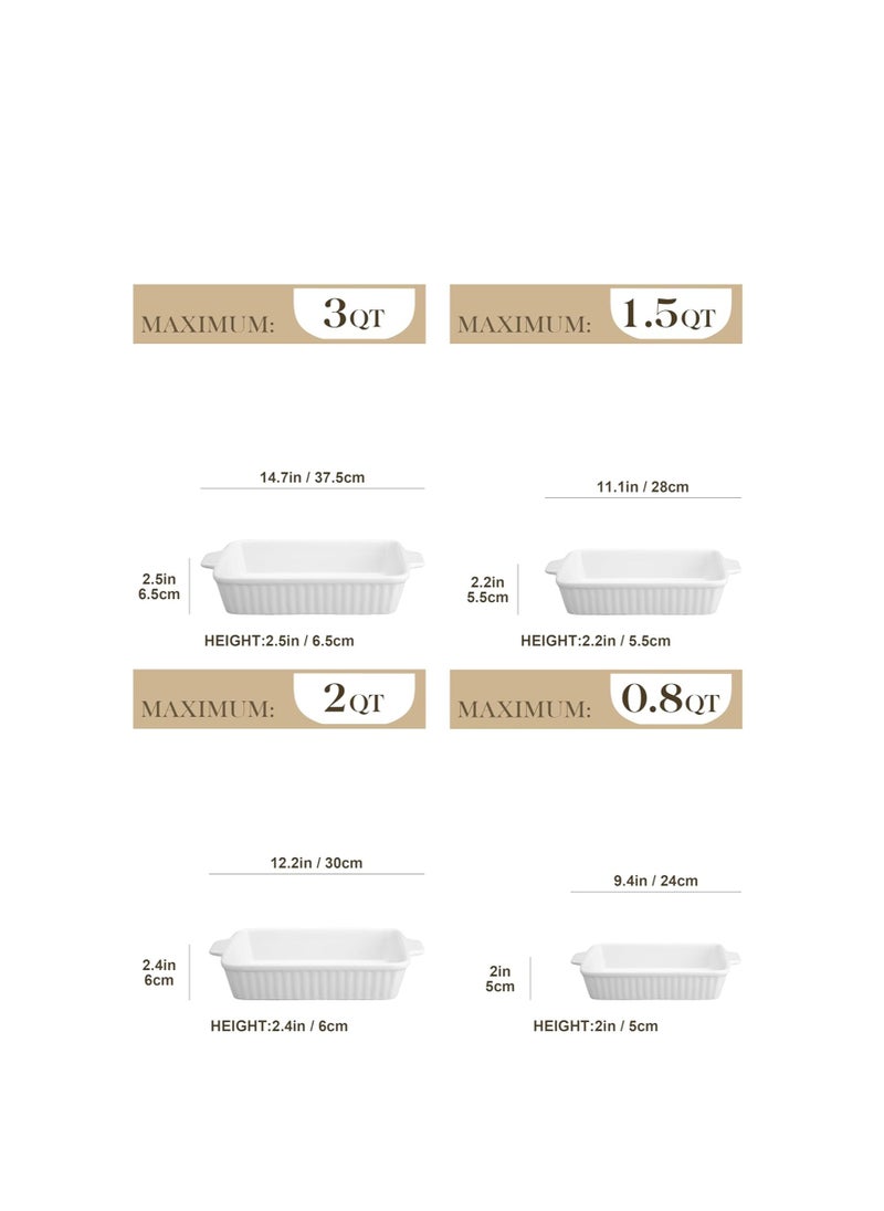 MALACASA Casserole Dishes for Oven, Porcelain Baking Dishes, Ceramic Bakeware Sets of 4, Rectangular Lasagna Pans Deep with Handles for Baking Cake Kitchen, White (9.4