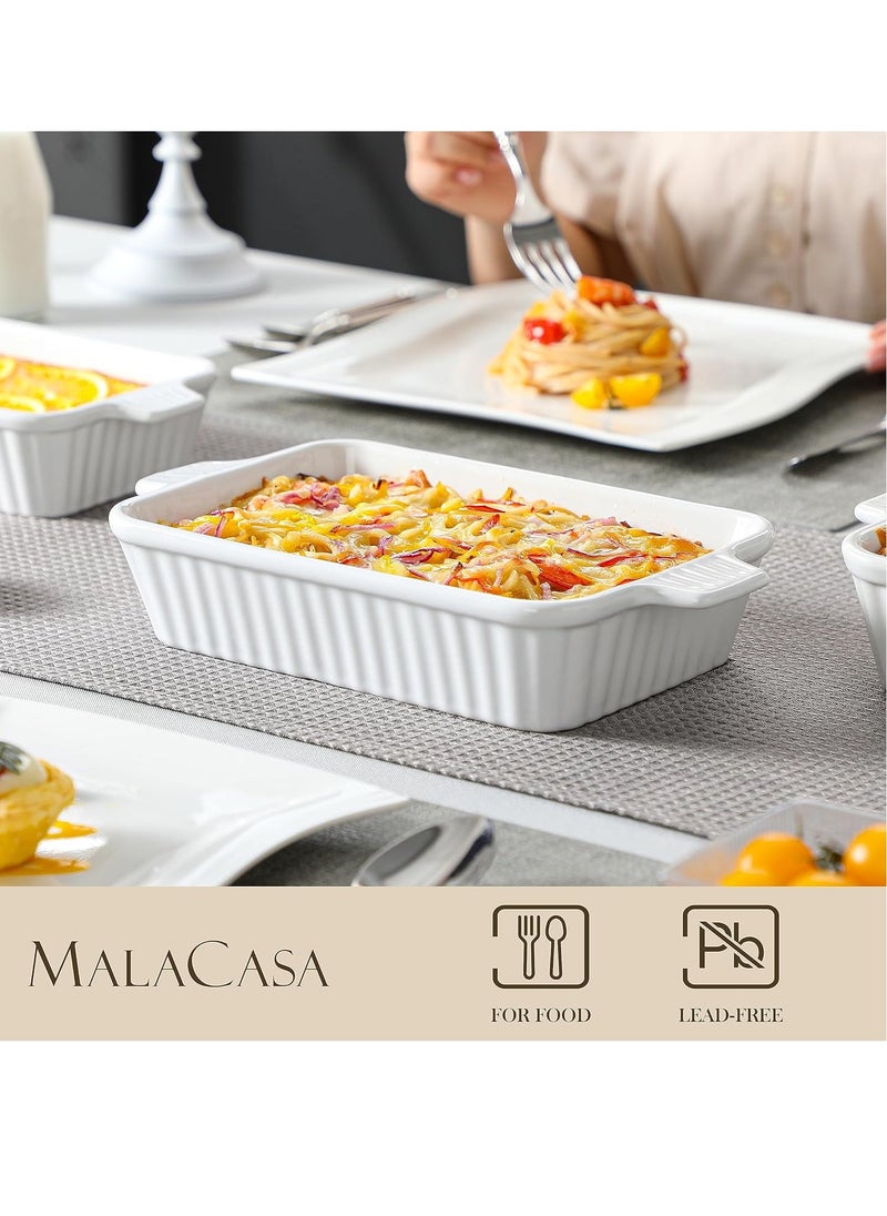 MALACASA Casserole Dishes for Oven, Porcelain Baking Dishes, Ceramic Bakeware Sets of 4, Rectangular Lasagna Pans Deep with Handles for Baking Cake Kitchen, White (9.4