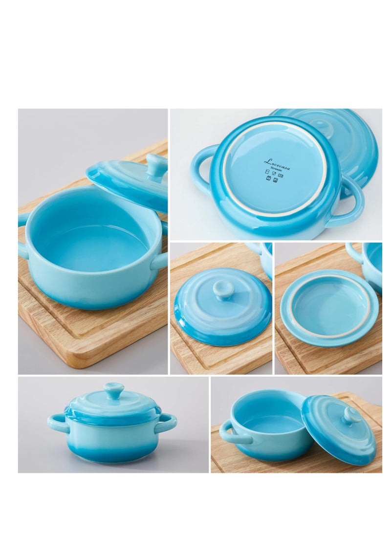 LOVECASA Mini Cocotte Set,12 OZ Small Casserole Dishes with Lids,Cocotte with Lid,Soup Bowls With Handles,Individual Ramekins with Lids,Oven, Microwave & Dishwasher Safe,Set of 4,Blue