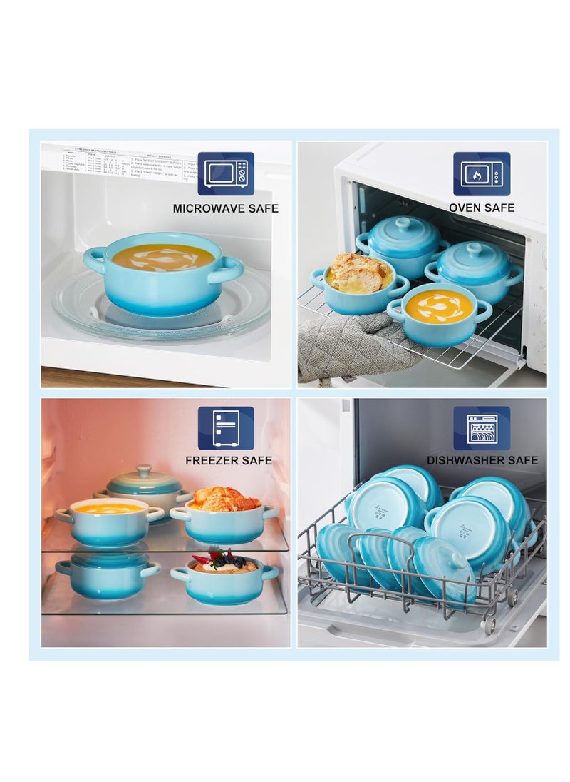 LOVECASA Mini Cocotte Set,12 OZ Small Casserole Dishes with Lids,Cocotte with Lid,Soup Bowls With Handles,Individual Ramekins with Lids,Oven, Microwave & Dishwasher Safe,Set of 4,Blue