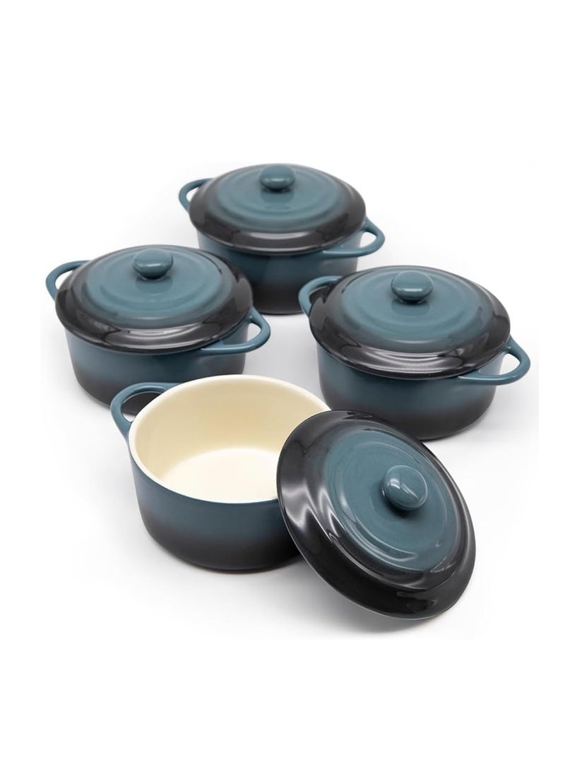 Kook Ceramic Mini Cocotte Set, Small Casserole Dishes with Lids and Handles, Individual Baking Ramekins, Oven, Microwave & Dishwasher Safe, Stoneware, 12 oz, Set of 4 (Stone Ombre)