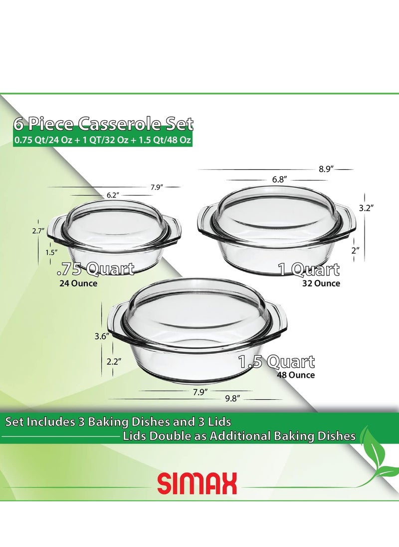 Simax Casserole Dish Set, Set of 3 Casserole Dish with Lid, Round Glass Cookware, Borosilicate Glass, Made In Europe 0.75 Quart, 1 Quart and 1.5 Quart Baking Dishes…