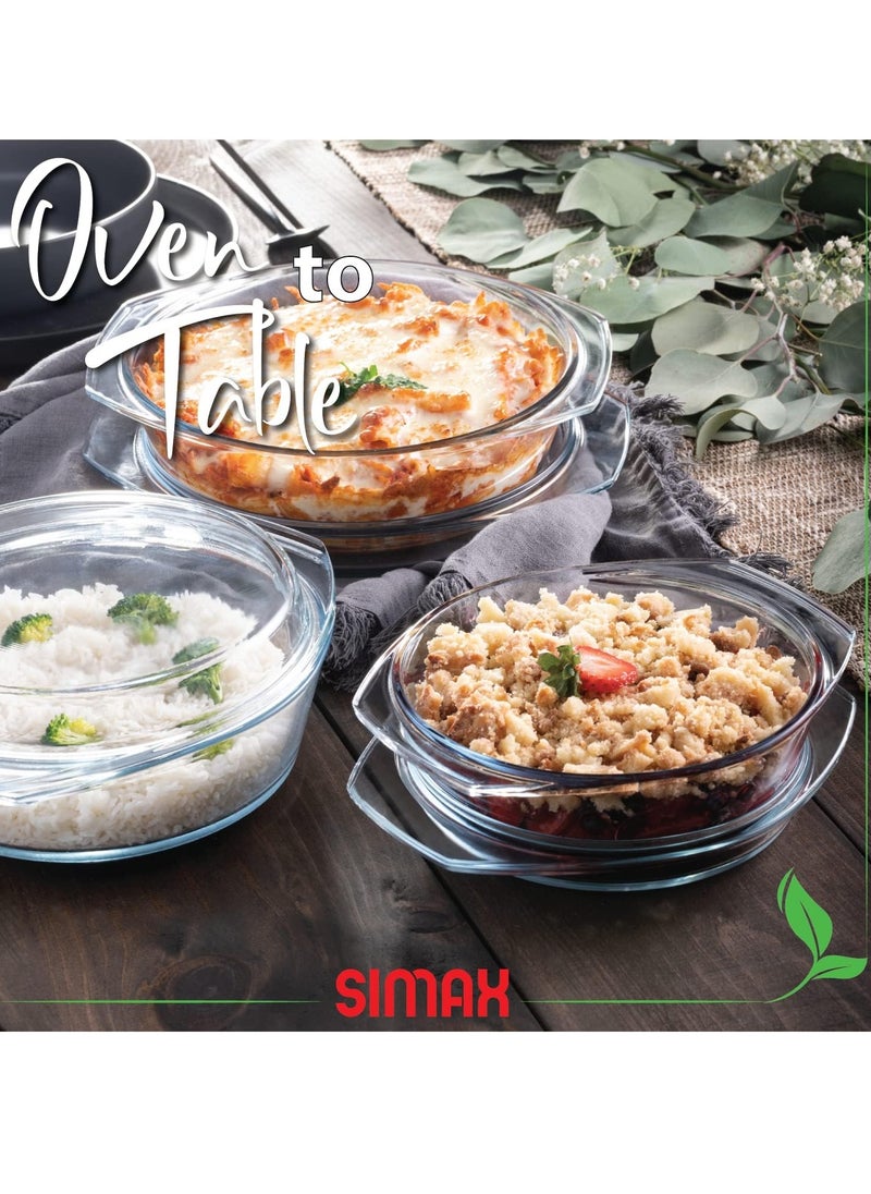 Simax Casserole Dish Set, Set of 3 Casserole Dish with Lid, Round Glass Cookware, Borosilicate Glass, Made In Europe 0.75 Quart, 1 Quart and 1.5 Quart Baking Dishes…