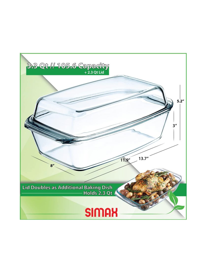 Simax Large Glass Casserole Dish, Oven Safe Cookware With Lid, Oblong Covered Glass Dish For Baking, Serving, Cooking, Microwave and Dishwasher Safe Bakeware, 3 Quart Capacity