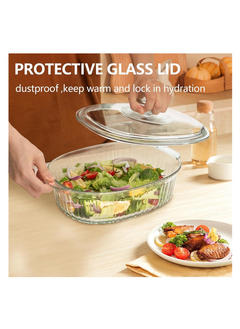 Luvan 2.8L/3Qt Glass Casserole Dish with Lid, Ribbed Oval Glass Baking Dish for Oven & Microwave, Clear Lead-Free Covered Casserole Cookware, Versatile Deep Glass Food Container for Baking, Cooking