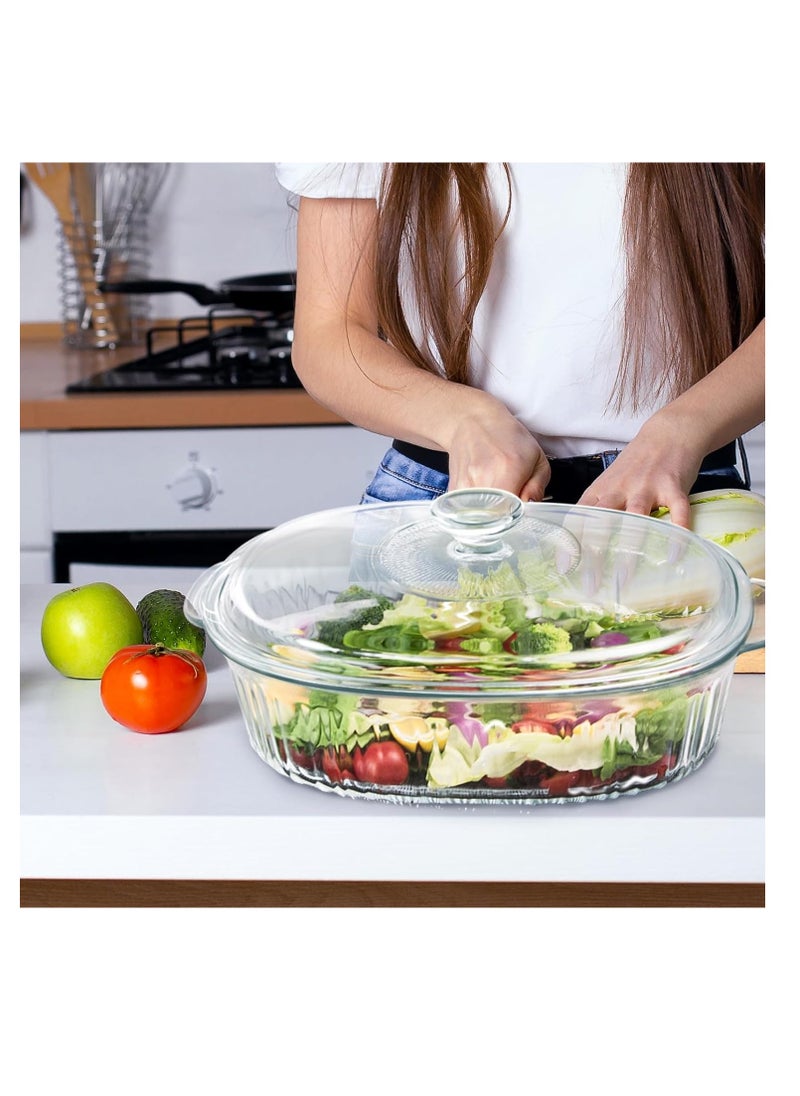 Luvan 2.8L/3Qt Glass Casserole Dish with Lid, Ribbed Oval Glass Baking Dish for Oven & Microwave, Clear Lead-Free Covered Casserole Cookware, Versatile Deep Glass Food Container for Baking, Cooking