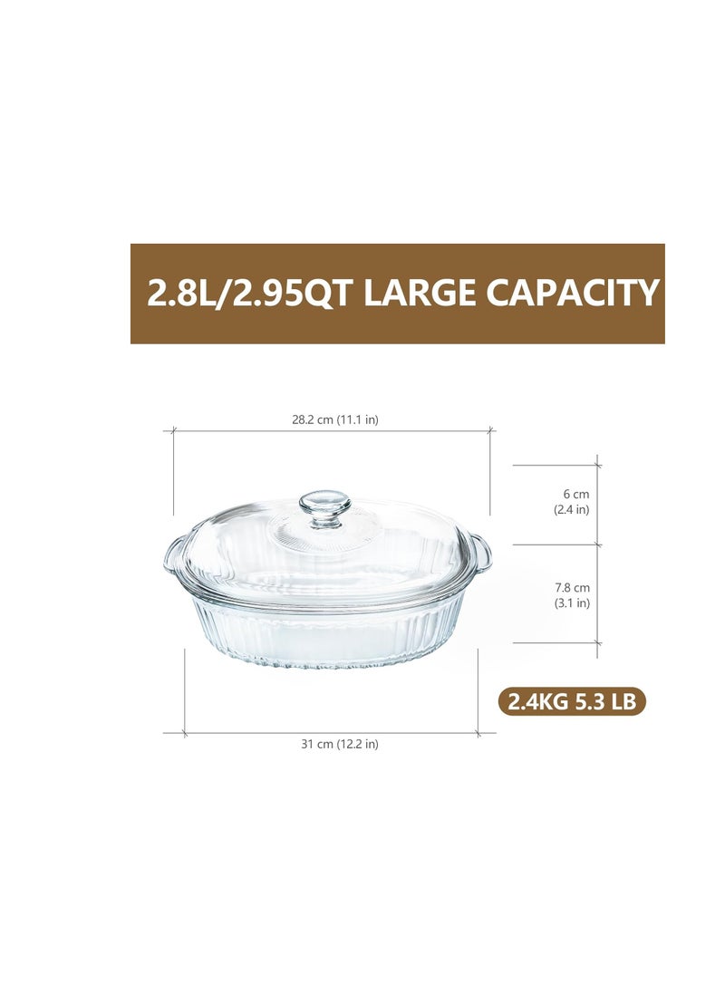 Luvan 2.8L/3Qt Glass Casserole Dish with Lid, Ribbed Oval Glass Baking Dish for Oven & Microwave, Clear Lead-Free Covered Casserole Cookware, Versatile Deep Glass Food Container for Baking, Cooking