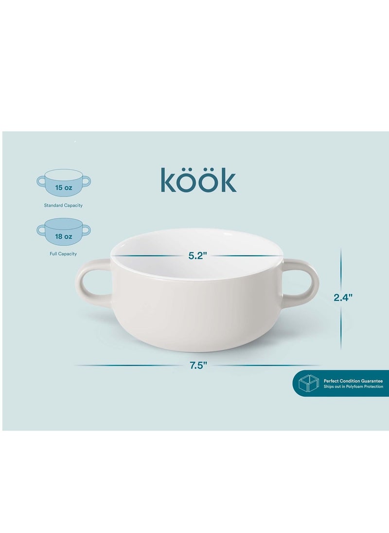 Kook Soup Crocks, Ceramic Bowls, Broil, Oven, Microwave and Dishwasher Safe, with Handles, For Casserole, Pasta, Cereal, 18 oz, Set of 4 (Coconut White)