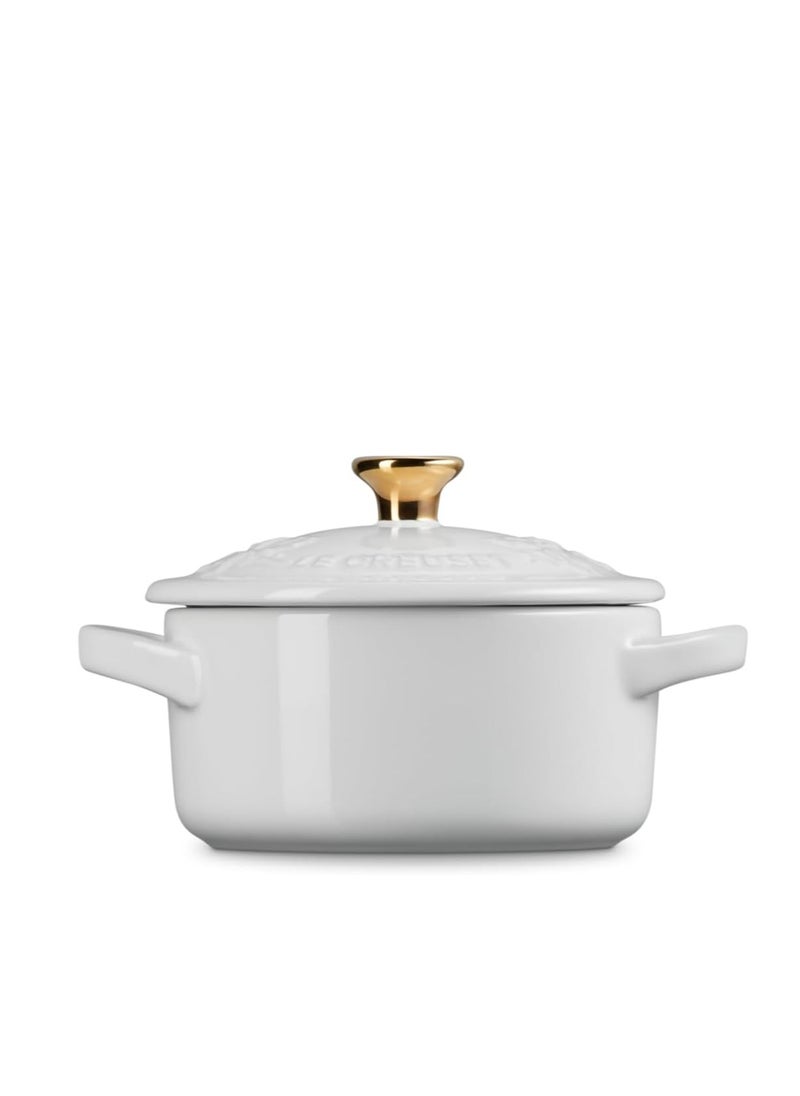 Le Creuset Stoneware Holly Collection Mini Round Cocotte, 8 Oz, White with Gold Knob