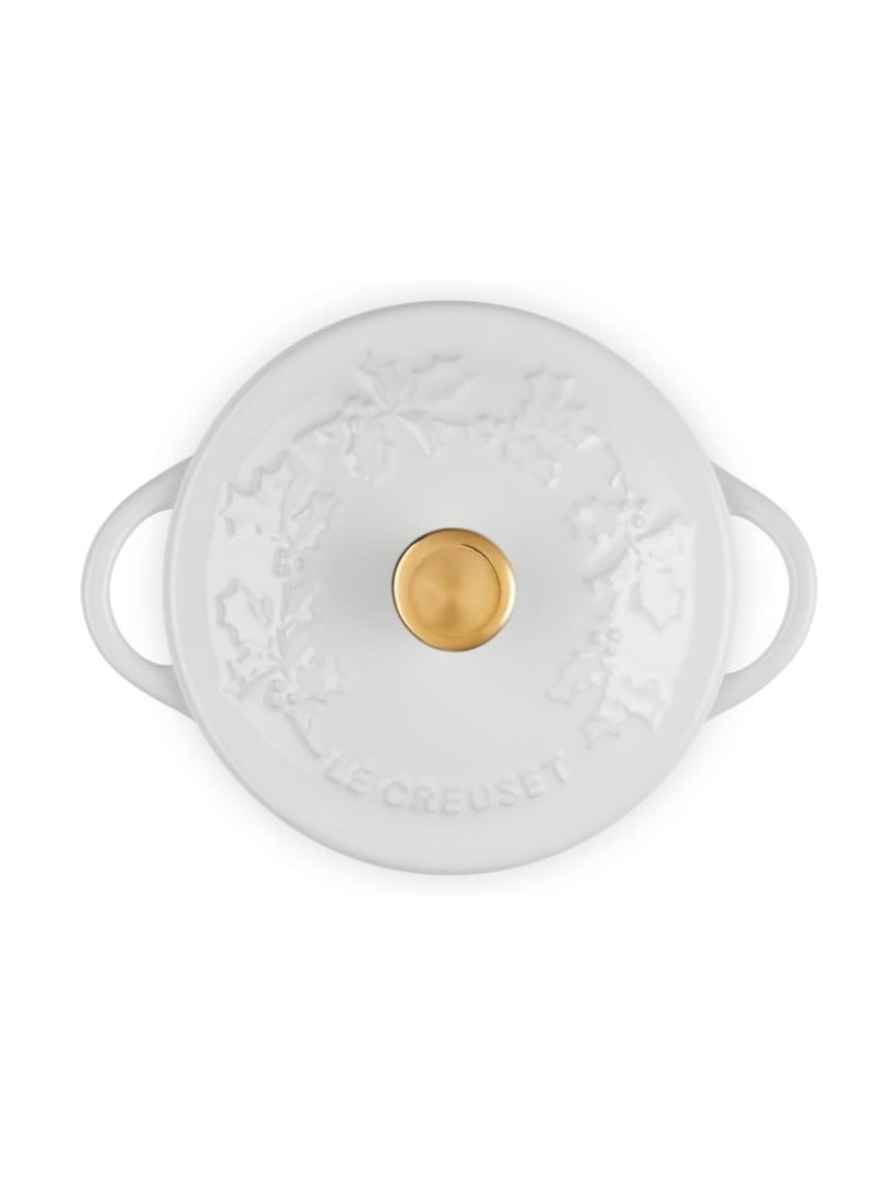 Le Creuset Stoneware Holly Collection Mini Round Cocotte, 8 Oz, White with Gold Knob