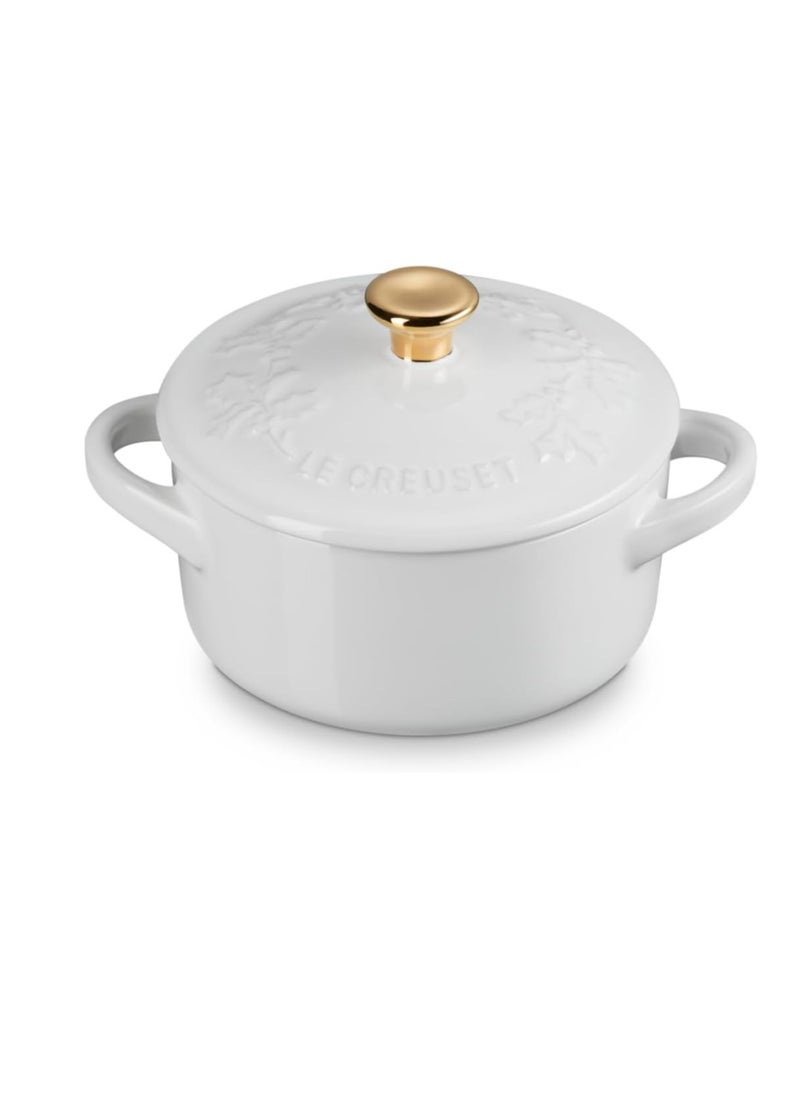 Le Creuset Stoneware Holly Collection Mini Round Cocotte, 8 Oz, White with Gold Knob