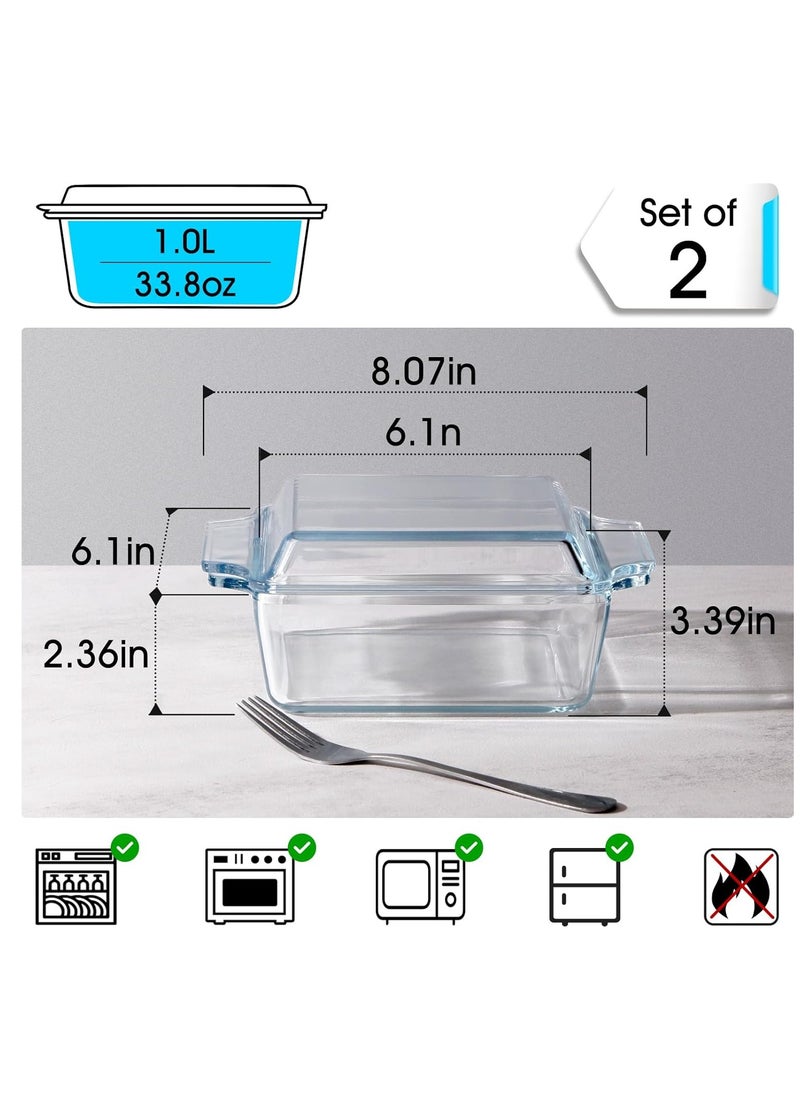 Set of 2 Glass Casserole Dish With Glass Lid, Square 6in x 6in Glass Baking Dish Oven Safe, Mini Casserole Dish with Lid