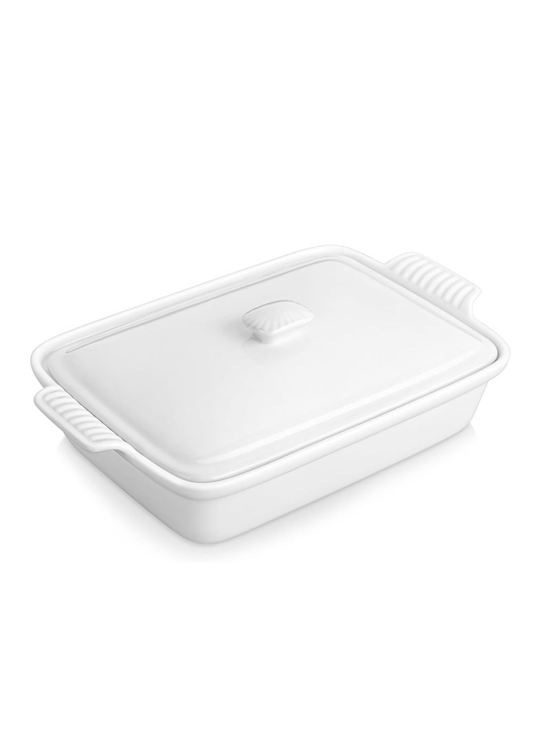 MALACASA 3.4 Quart Baking Dish With Lid, Porcelain Casserole dish with Lid, 13 x 9 Lasagna Pan Deep with Lid, Rectangular Bakeware With Handle, Microwave, Oven Safe, White, Series BAKE