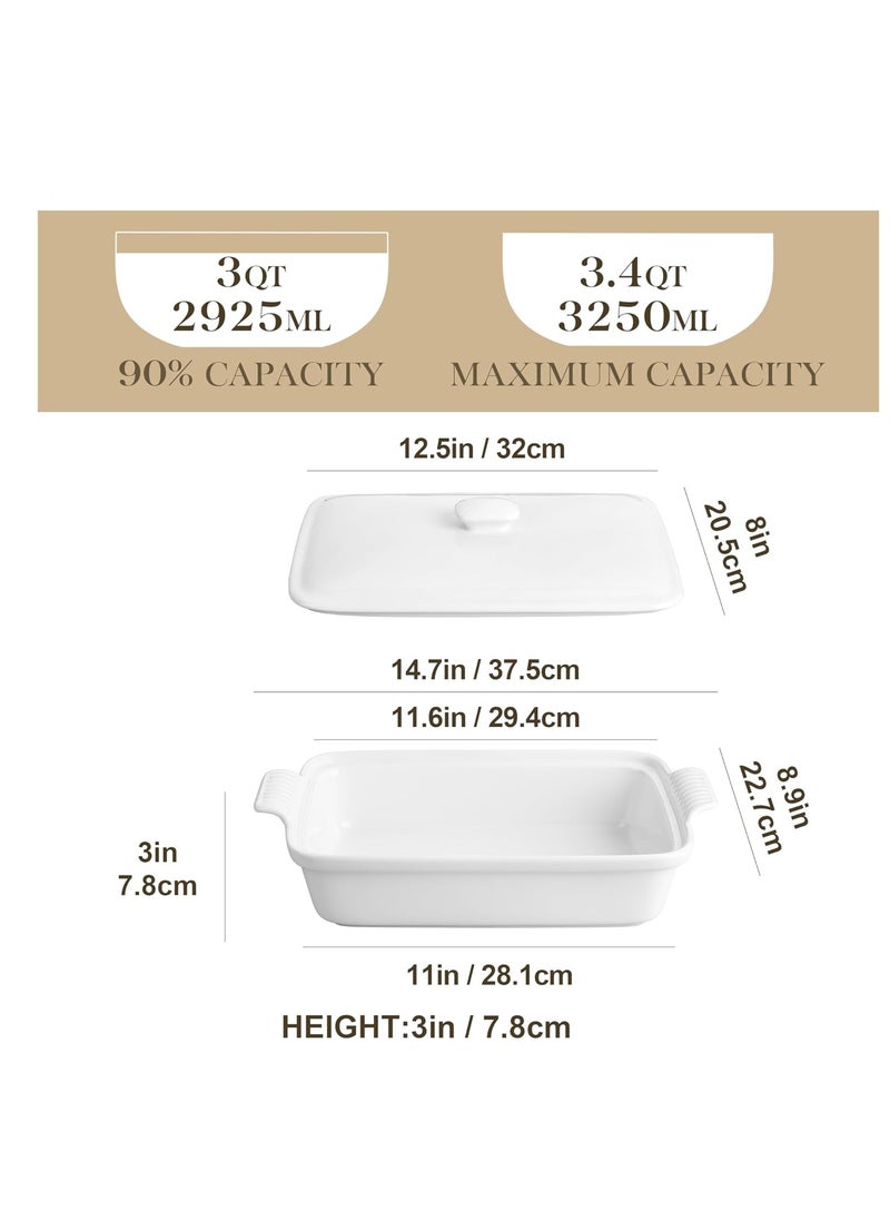 MALACASA 3.4 Quart Baking Dish With Lid, Porcelain Casserole dish with Lid, 13 x 9 Lasagna Pan Deep with Lid, Rectangular Bakeware With Handle, Microwave, Oven Safe, White, Series BAKE