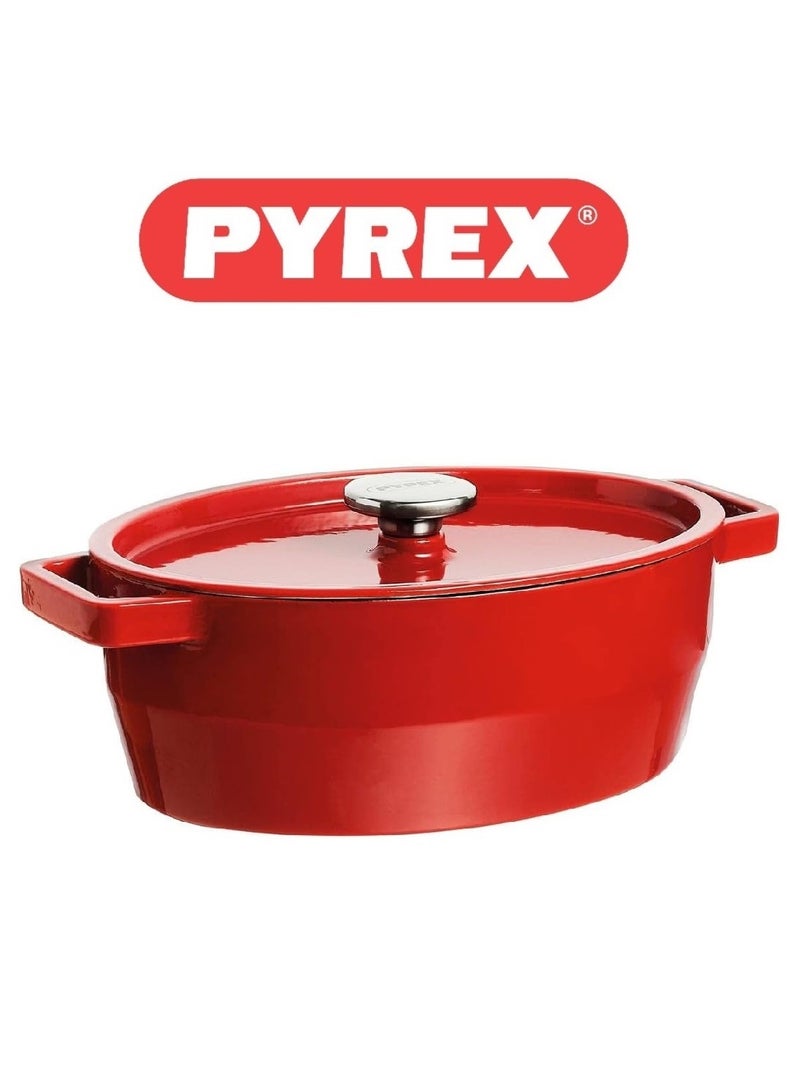 Pyrex Slow Cook Oval Casserole 33cm Red - Durable, Enamel Finish, Induction Compatible