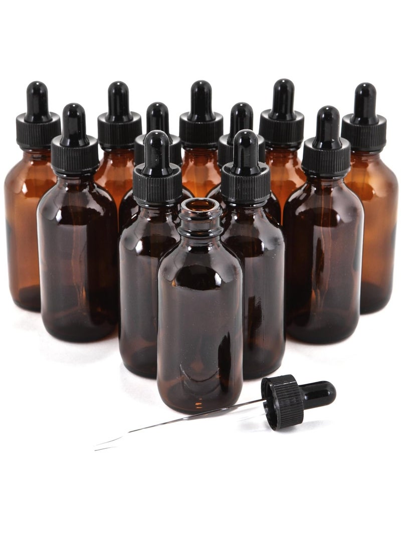 12, Amber, 2 oz Glass Bottles, with Glass Eye Droppers