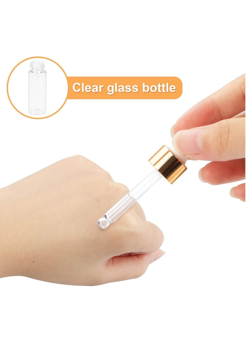 15Pcs Glass Essential Oil Bottles Tiny Clear Perfume Dropping Bottle Refillable Cosmetic Sample Vials Pot with Gold Cap and White Latex (5ml)