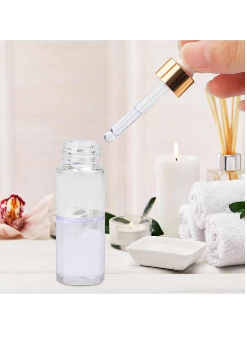 15Pcs Glass Essential Oil Bottles Tiny Clear Perfume Dropping Bottle Refillable Cosmetic Sample Vials Pot with Gold Cap and White Latex (5ml)