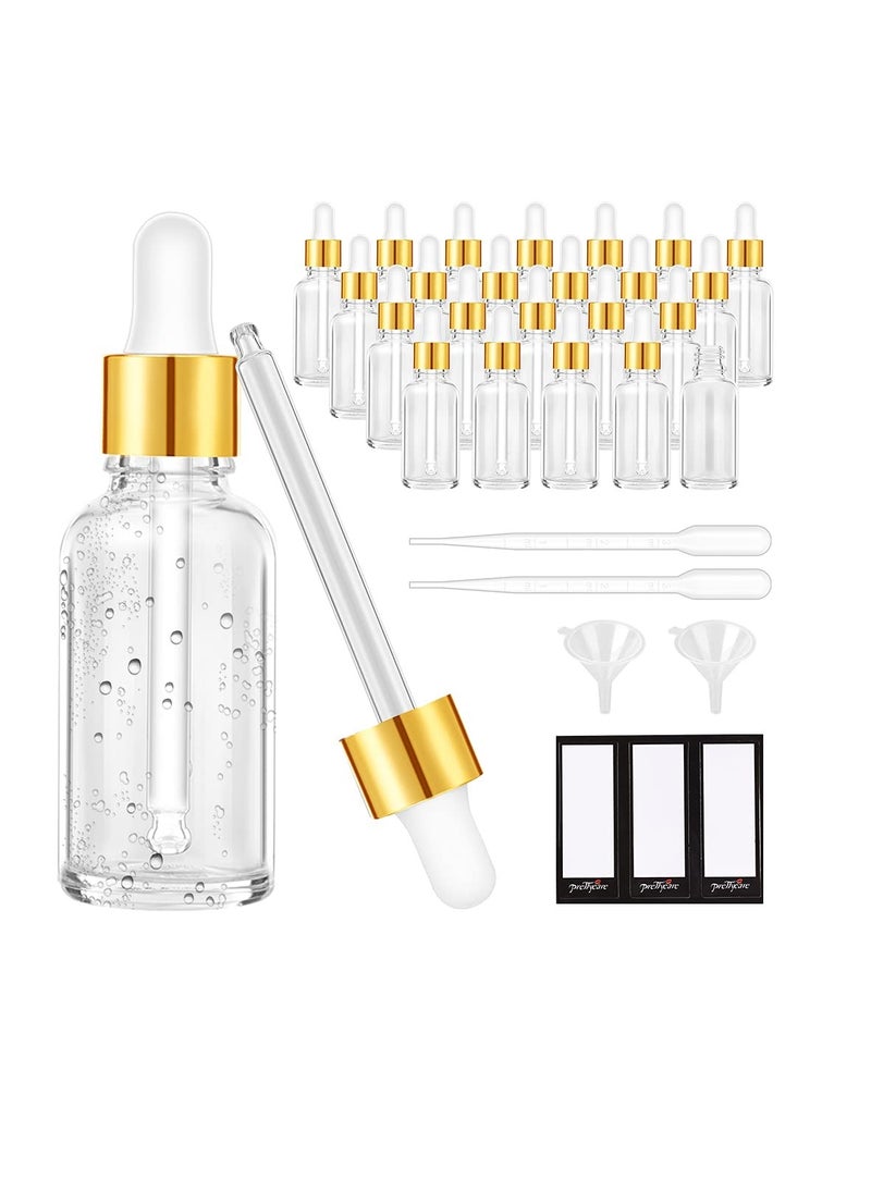 24 Pack 2 Oz Glass Eye Dropper Bottles Clear, 60 ml Empty Tincture Dropper Bottle with droppers, 1 Extra Cap, 2 Plastic Funnels, 2 Pipettes & 48 stickers for DIY Essential Oils, Body Oil, Beauty Oil