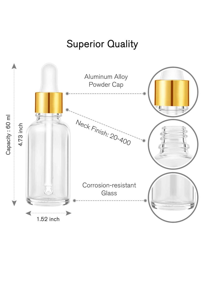 24 Pack 2 Oz Glass Eye Dropper Bottles Clear, 60 ml Empty Tincture Dropper Bottle with droppers, 1 Extra Cap, 2 Plastic Funnels, 2 Pipettes & 48 stickers for DIY Essential Oils, Body Oil, Beauty Oil