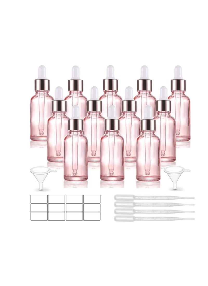 12 Pack,1 Oz Pink Glass Dropper Bottle for Essential Oils,Empty Glass Eye Dropper Bottle Holder With Glass Pipette,Rose-Golden Caps Perfume Travel Vial Container-Pipette,Stickers,Funnel Included