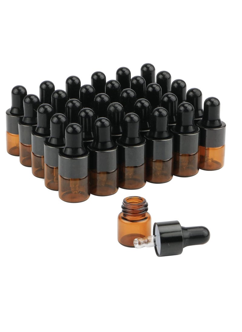 30Pcs Amber Glass Dropper Bottles Mini Empty Sample Vials Essential Oil Dropping Bottles Perfume Jars Cosmetic Container with Glass Eye Dropper and Black Caps (1ml)