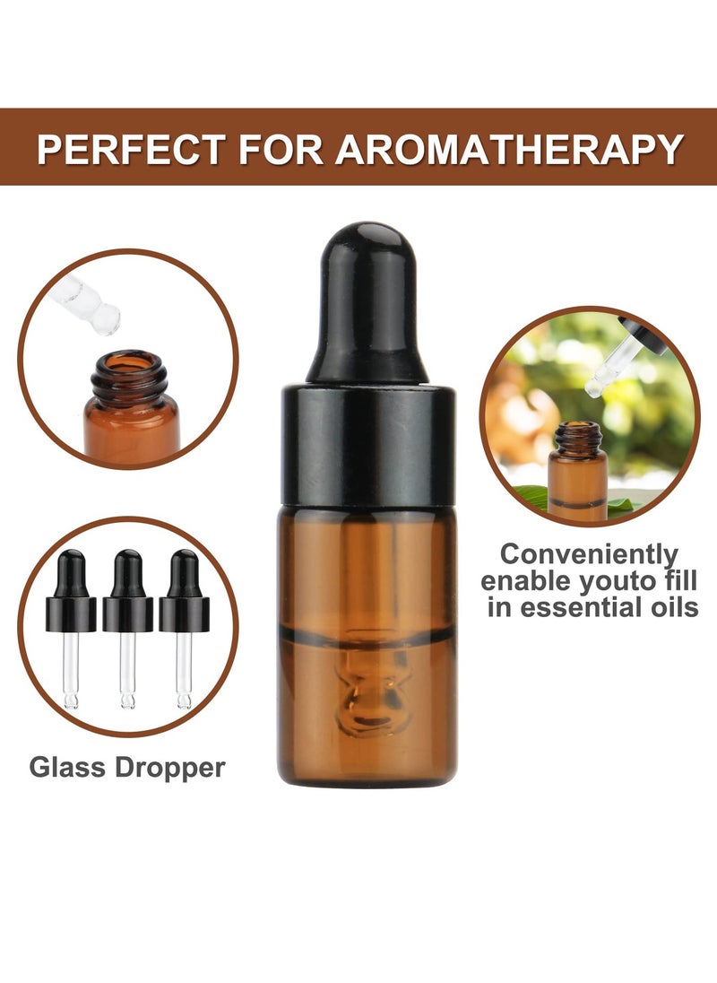 Pack of 100,3ml Amber Glass Dropper Bottle,Empty Sample Vial Glass Eye Dropper Aromatherapy Liquid Perfume Essential Oil Bottles with Glass pipette&Black Aluminum caps-Pipette&Funnel included