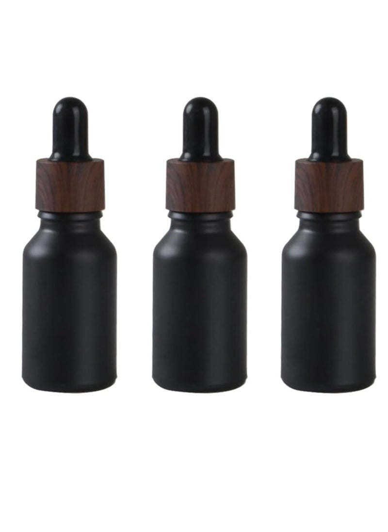 3Pcs 30ml/1oz Matte Black Glass Dropper Bottles with Plastic Wood Grain Cap Empty Refillable Boston Round Essential Oils Bottles Leak Proof Travel Bottles for DIY Cosmetic Perfumes Hair Oil