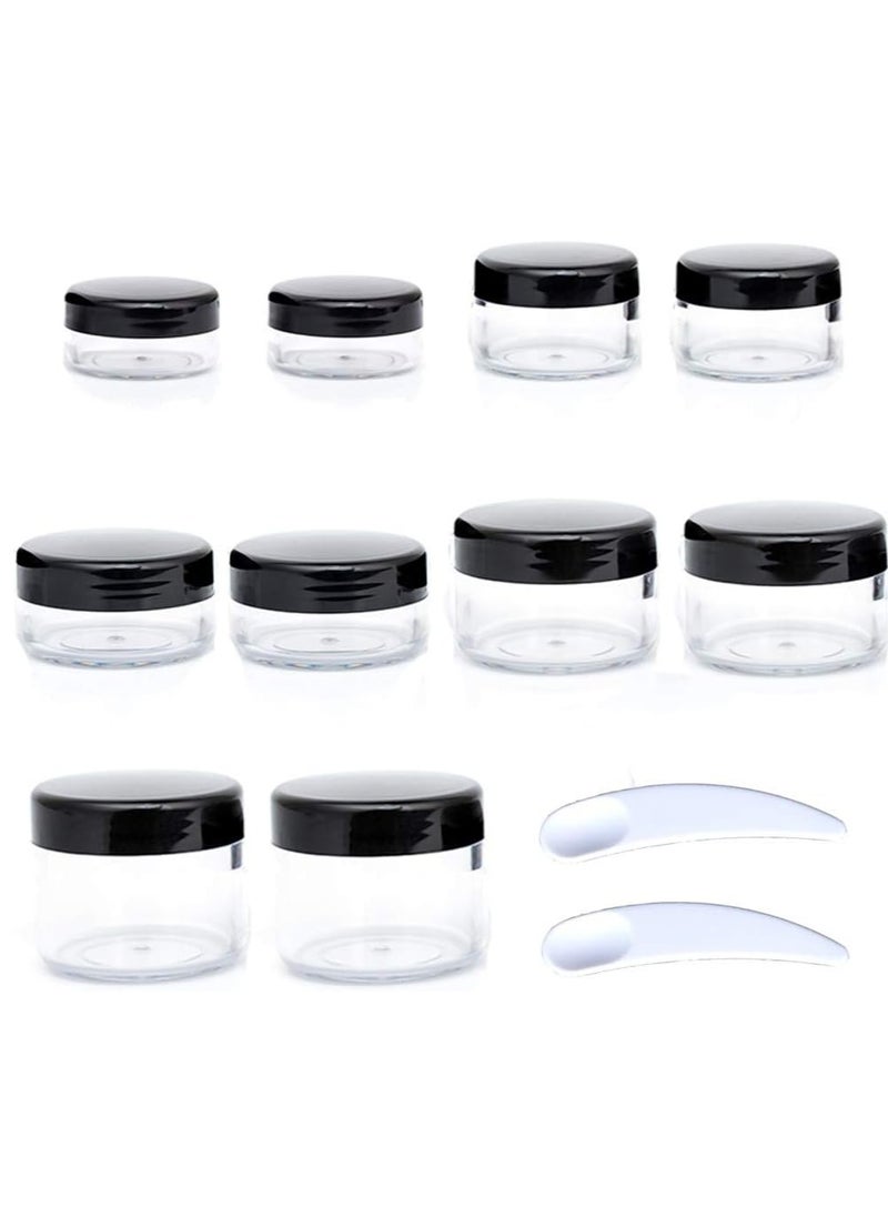 ZEJIA 10pcs Small Travel Containers, Black Sample Containers with Screw Lids, 5 Size 3/5/10/15/20 Gram Sample Jars with 12pcs Labels and 2pcs Mini Disposable Spatula, Makeup Sample Containers BPA Free