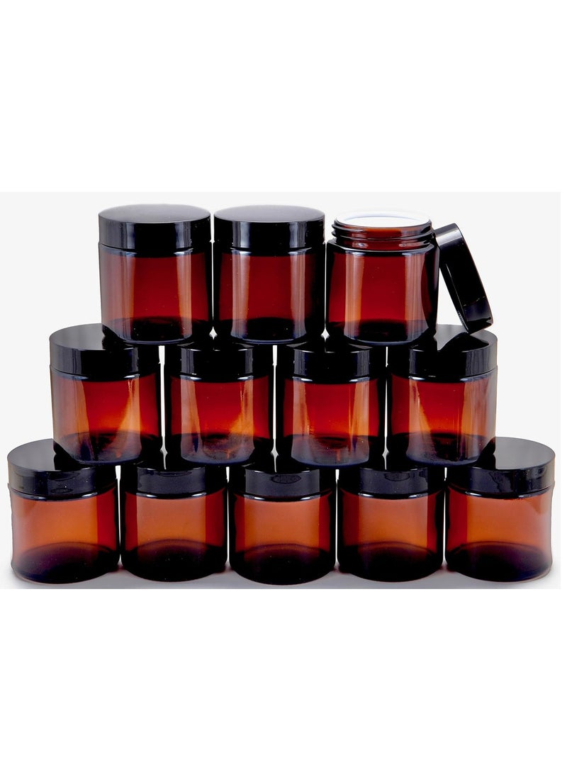 Vivaplex, 12, Amber, 4 oz, Round Glass Jars, with Inner Liners and black Lids