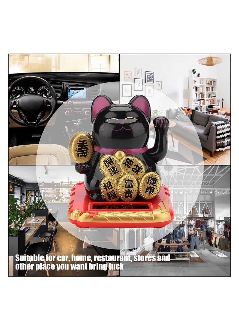 Solar Powered Lovely Lucky Cat Ornaments Desktop Craft Art Home Shop Hotel Shaking Hand Chinese Lucky Cat Wealth Waving Fortune Home Decor (Black)